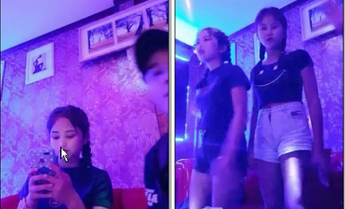 光頭老哥到鄰國找當地倆OO後嫩妹,KTV裏邊唱邊脫下衣服玩妹子.