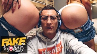 Fake Hostel Short Italian Teen in Love with Hentai Loving Geek Gets into a threesome